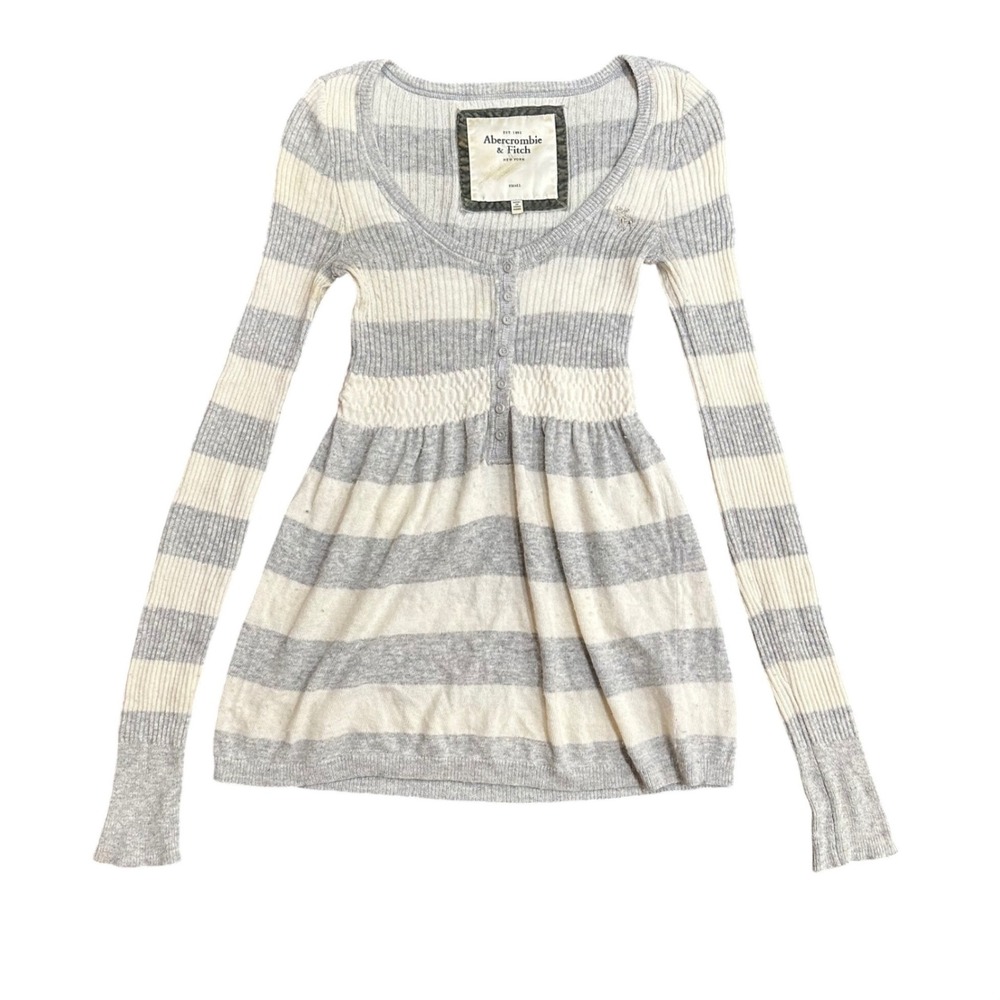 Abercrombie & Fitch Grey Striped Babydoll Henley Knit Top Womens Small Y2K